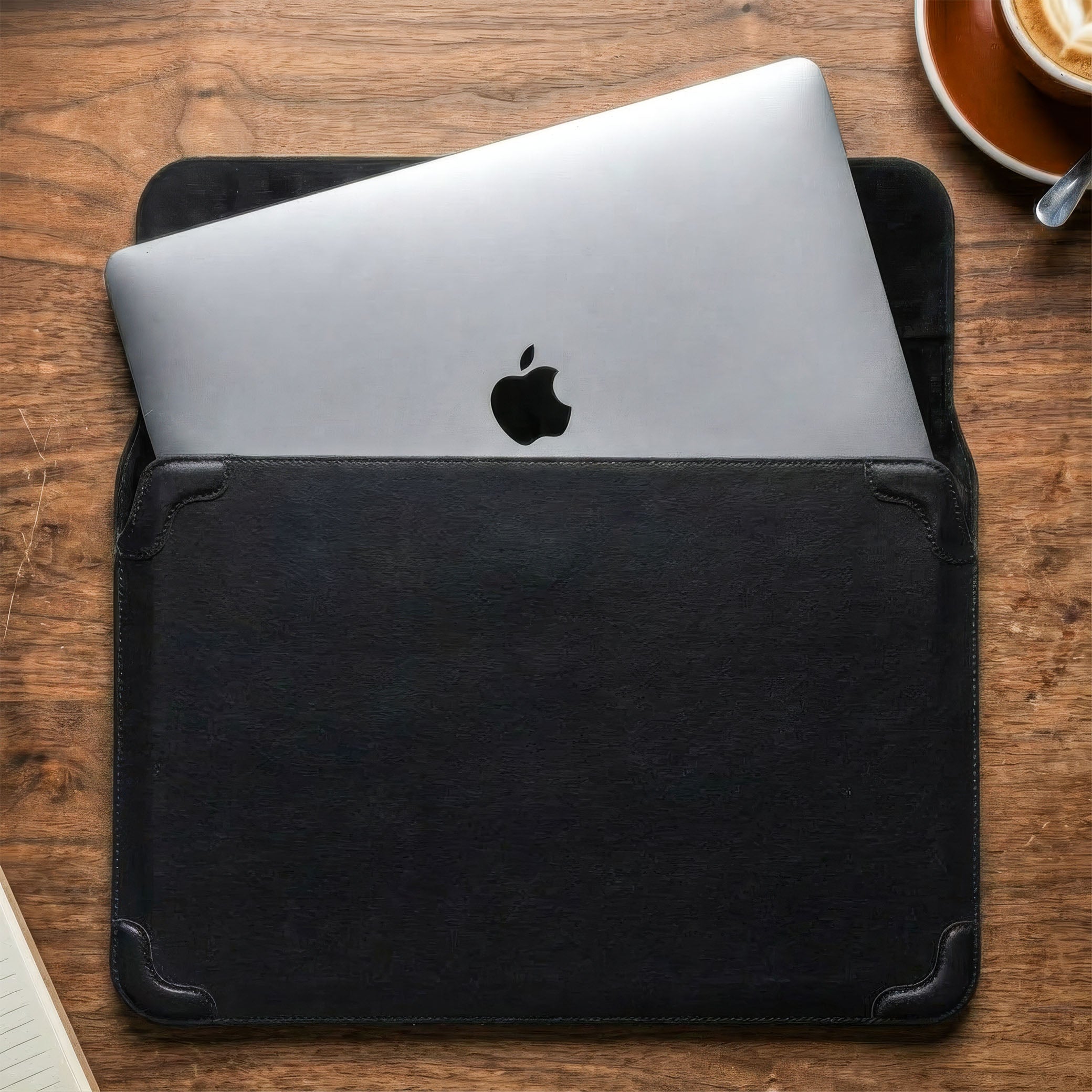 Elevate Armour 15/16" Black Leather Laptop Sleeve with Trifold Stand