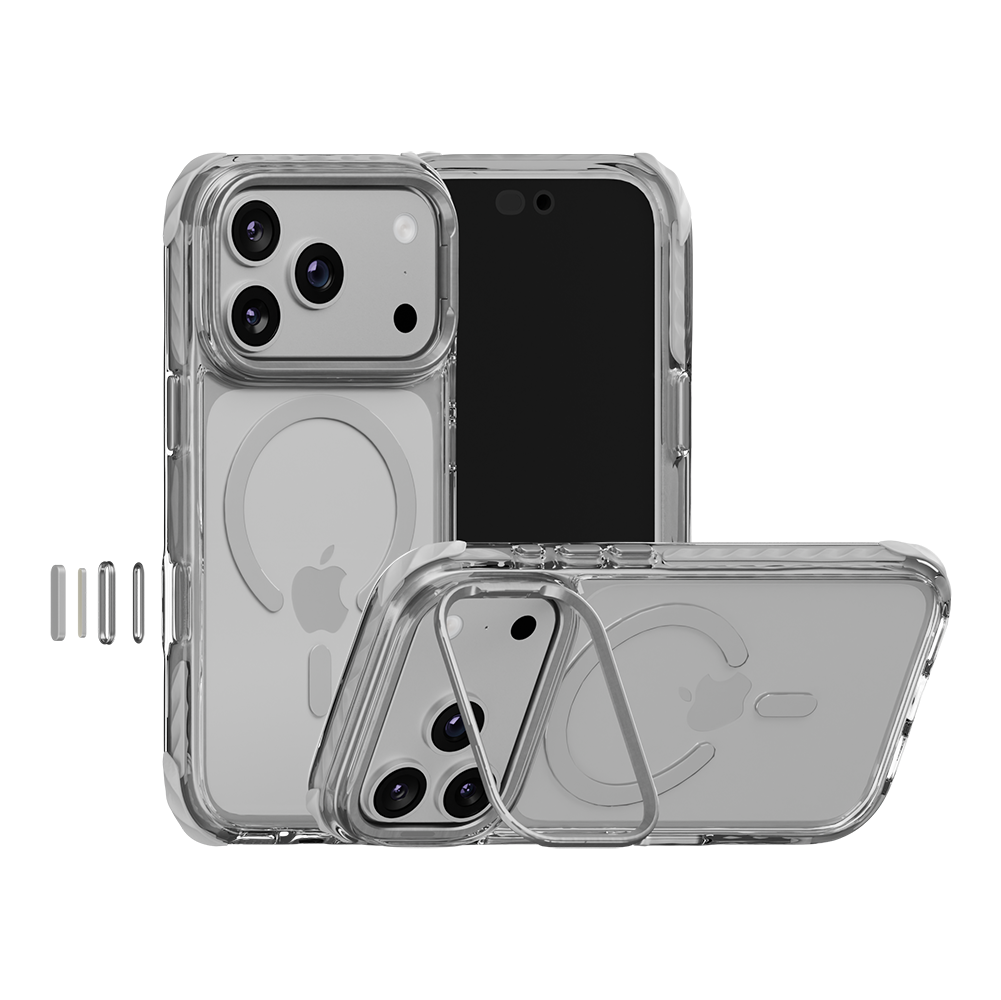 Impact Armour Pro MagSafe case in Silver on an iPhone Pro – back, front and kickstand views