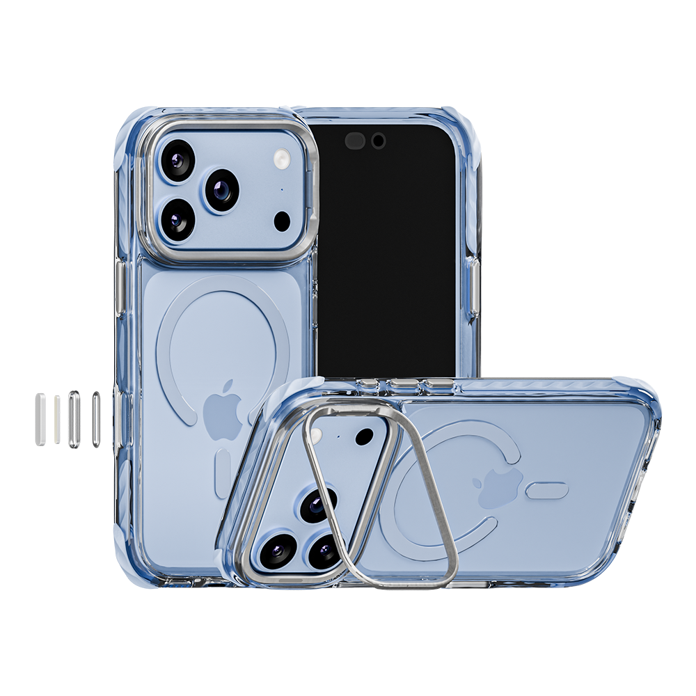 Impact Armour Pro MagSafe case in Glacier on an iPhone 18 Pro – back, front and kickstand views