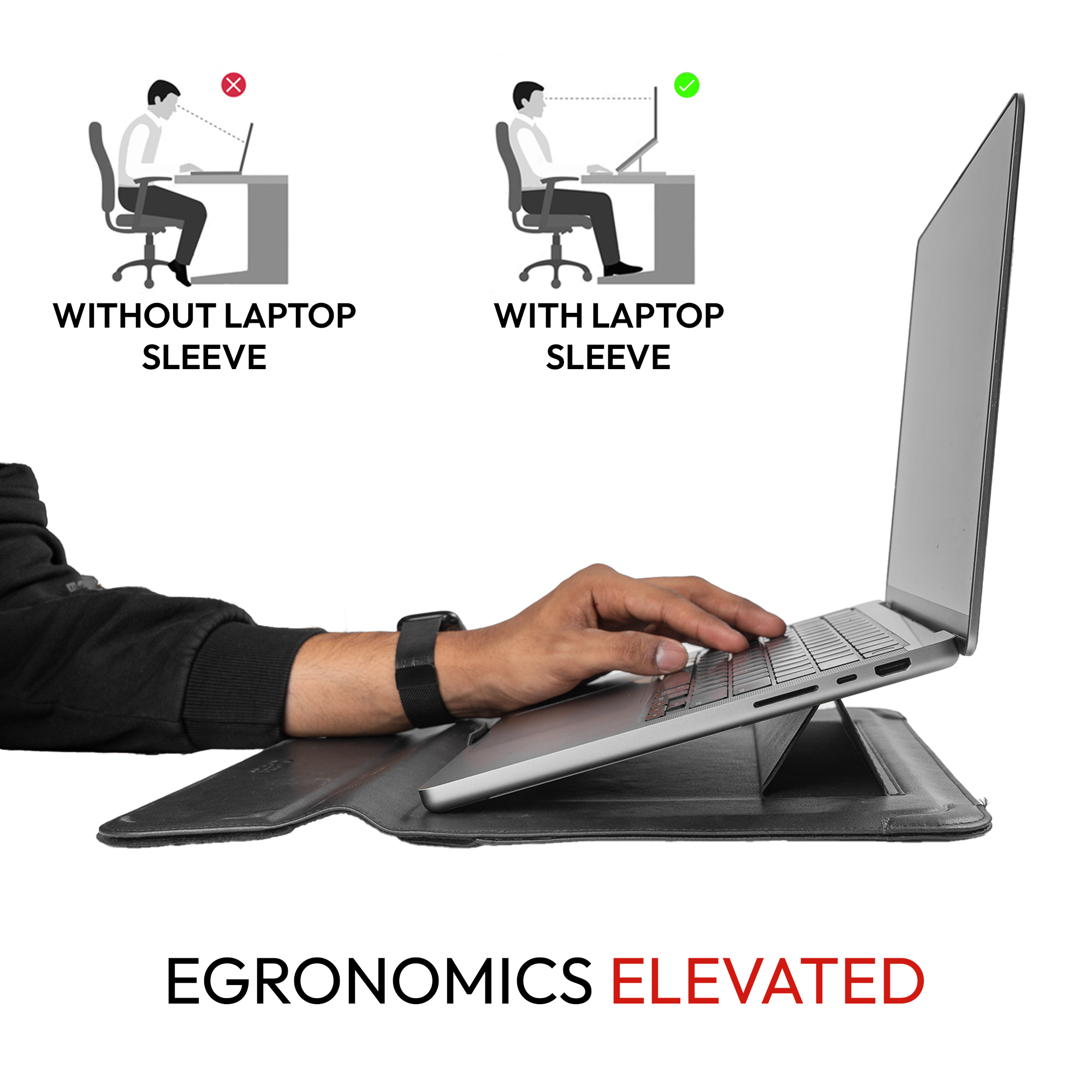 Elevate Armour 13/14" Black Leather Laptop Sleeve with Trifold Stand