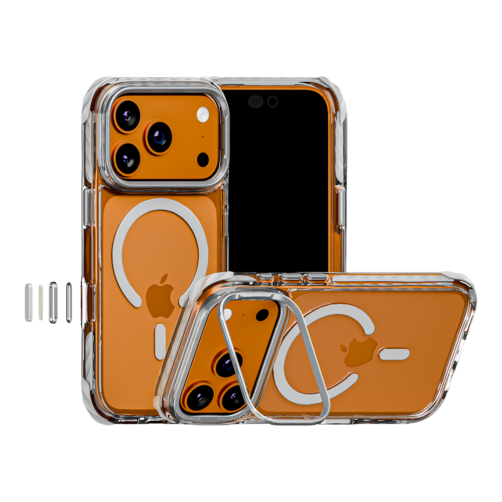 Impact Armour Pro MagSafe case, Cosmic Orange option (Silver case) on a Cosmic Orange iPhone 17 Pro – back, front and kickstand views