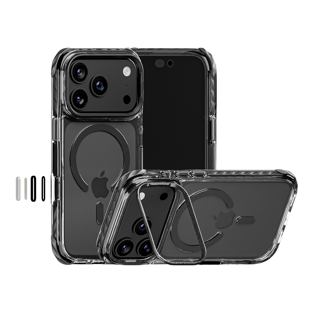 Impact Armour Pro MagSafe case in Deep Black on an iPhone 18 Pro – back, front and kickstand views