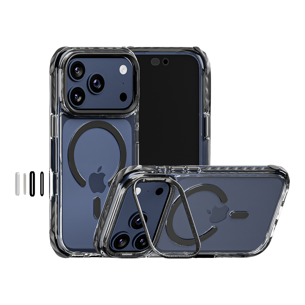 Impact Armour Pro MagSafe case in Deep Black on a Navy Blue iPhone 17 Pro – back, front and kickstand views