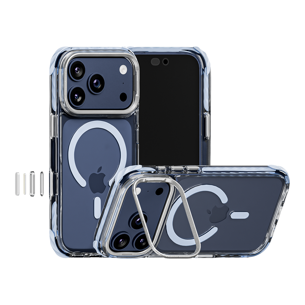 Impact Armour Pro MagSafe case in Glacier on a Navy Blue iPhone 17 Pro – back, front and kickstand views